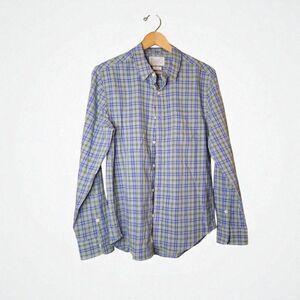 Men’s Button-Down Plaid Shirt – Blue & Green Checkered Long Sleeve Casual Dress